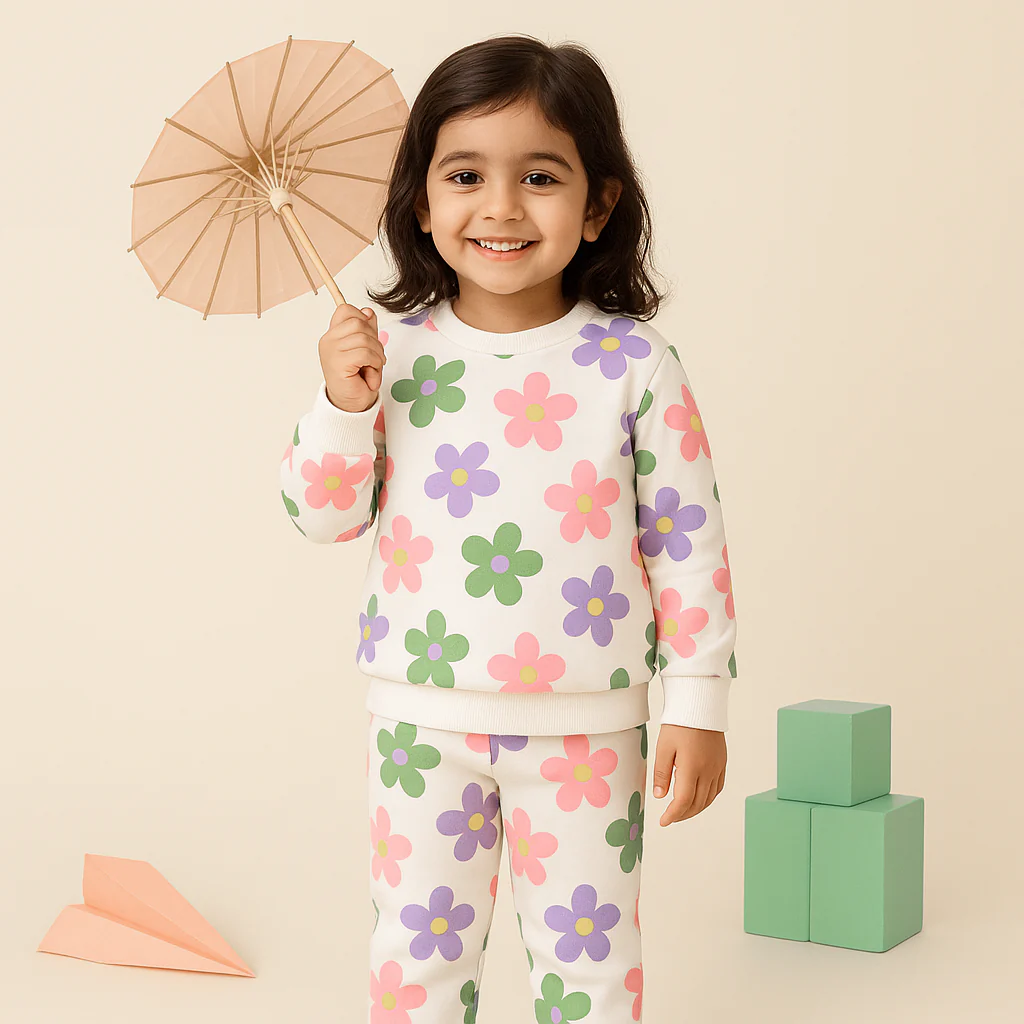 Kids Printed Fleece Tracksuit Flowers White - Mini Charm - Image 2