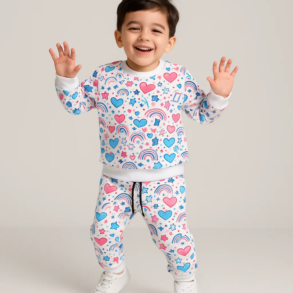 Kids Printed Fleece Tracksuit Hearts Off White - Mini Charm - Image 3
