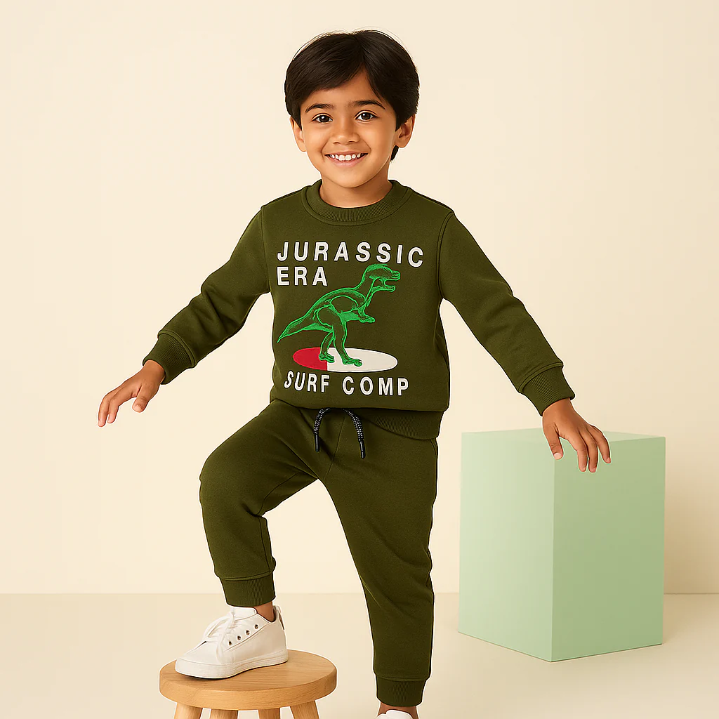 Kids Printed Fleece Tracksuit Jurassic Era Green - Mini Charm - Image 3