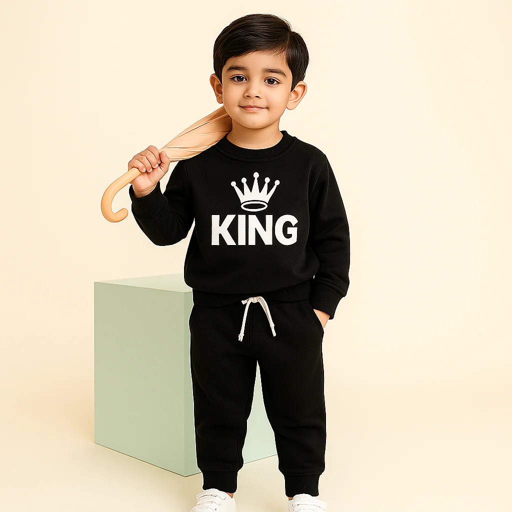 Kids Printed Fleece Tracksuit King Black - Mini Charm - Image 3