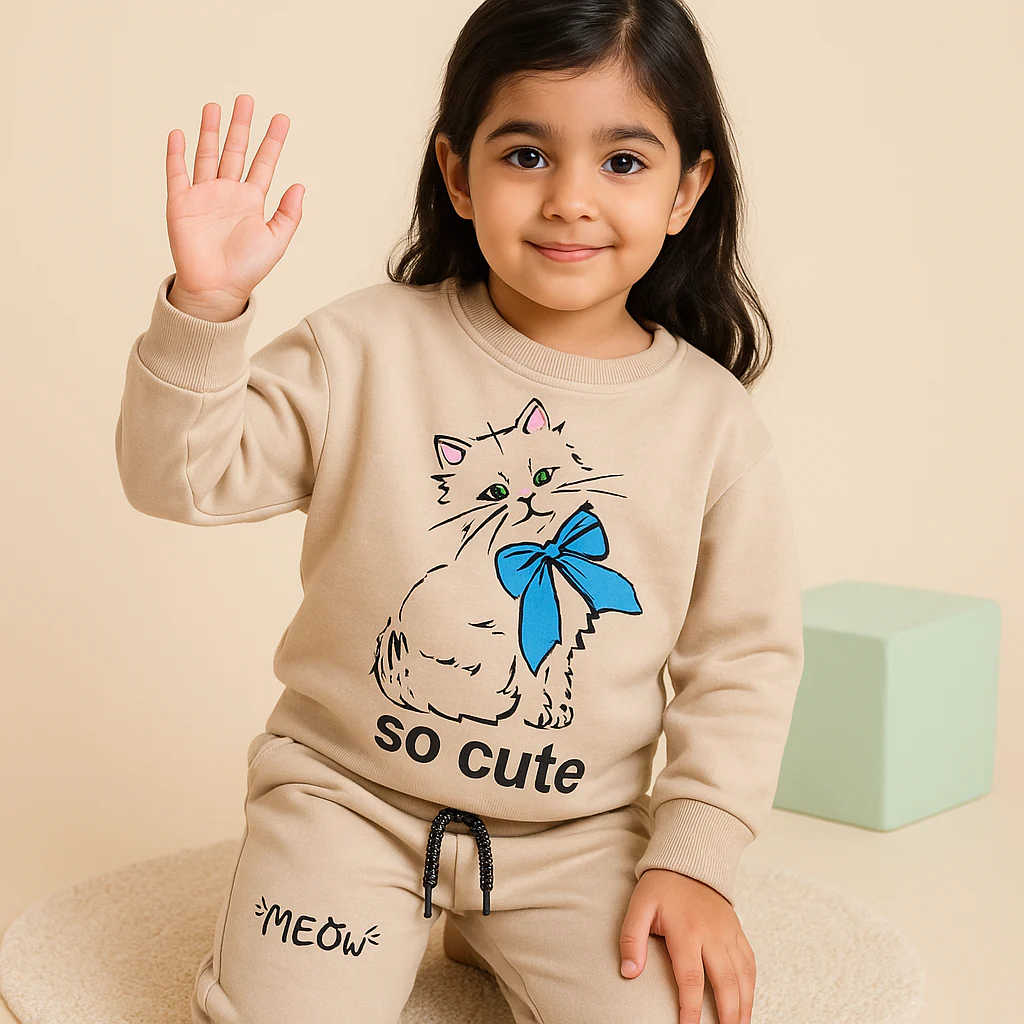 Kids Printed Fleece Tracksuit Kitty Beige - Mini Charm - Image 3