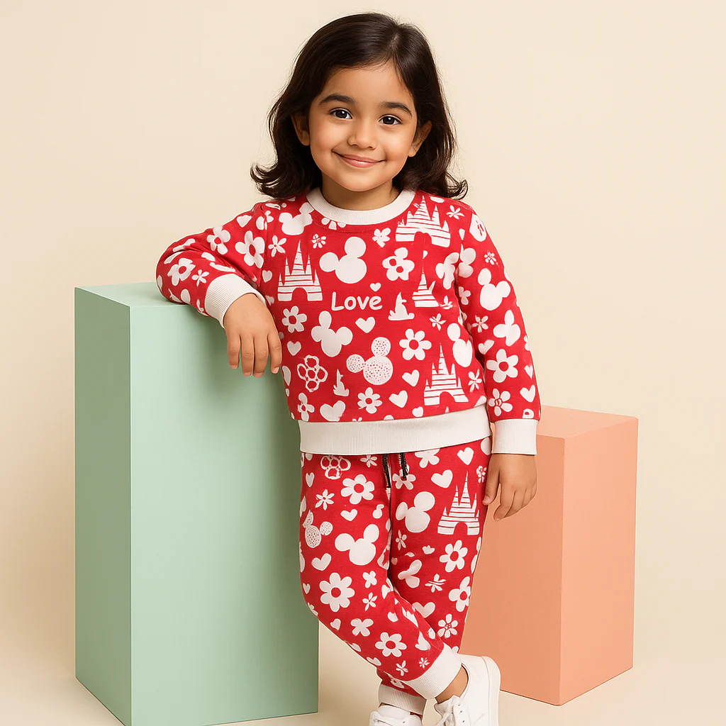 Kids Printed Fleece Tracksuit Love Red - Mini Charm - Image 3
