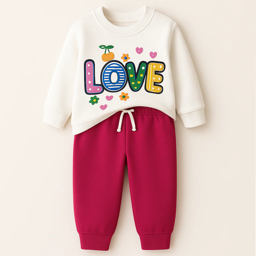 Kids Printed Fleece Tracksuit Love White & Pink - Mini Charm