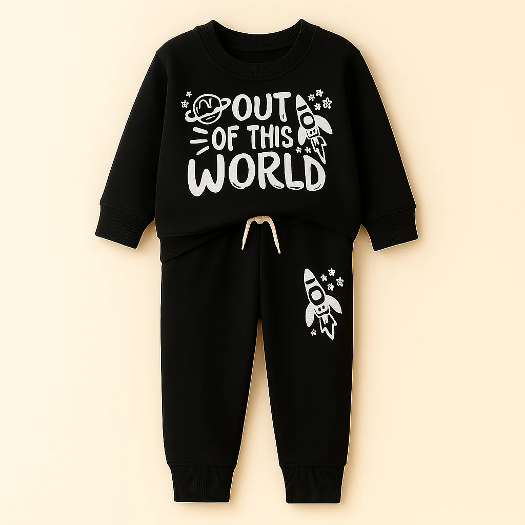 Kids Printed Fleece Tracksuit Out Of This World Black - Sunshine