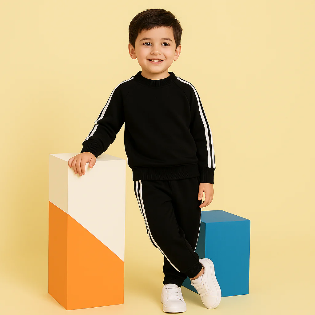 Kids Printed Fleece Tracksuit Plain Black - Mini Charm - Image 3