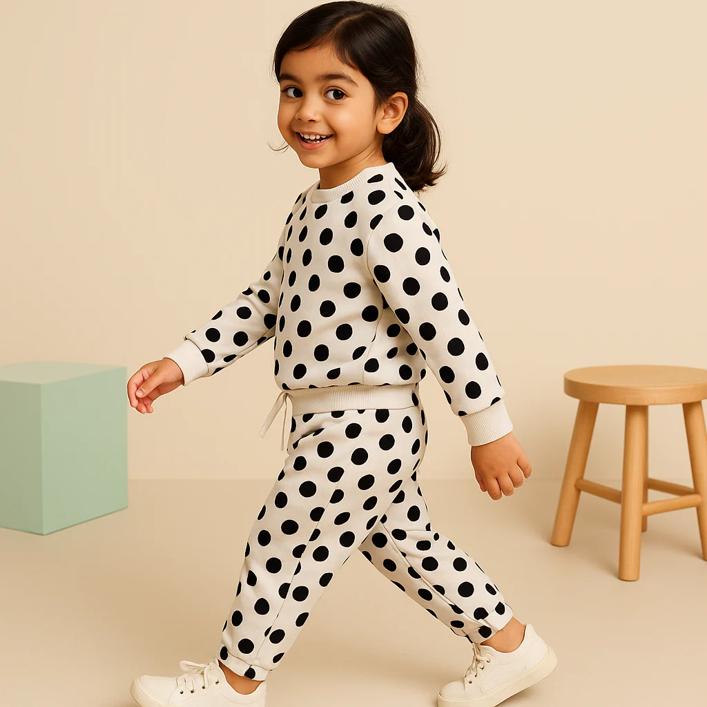 Kids Printed Fleece Tracksuit Polka Dots Black & White - Mini Charm - Image 3