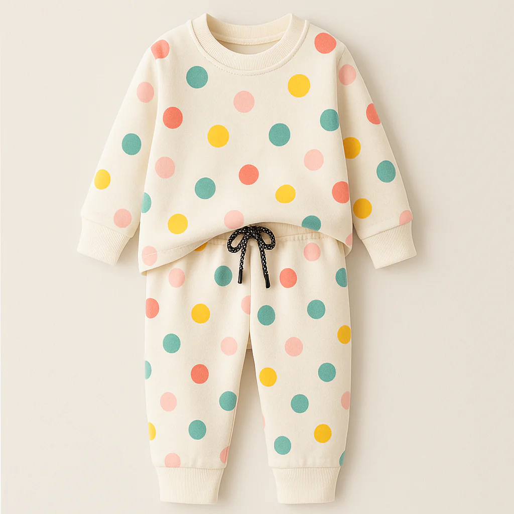 Kids Printed Fleece Tracksuit Polka Dots Off White - Mini Charm
