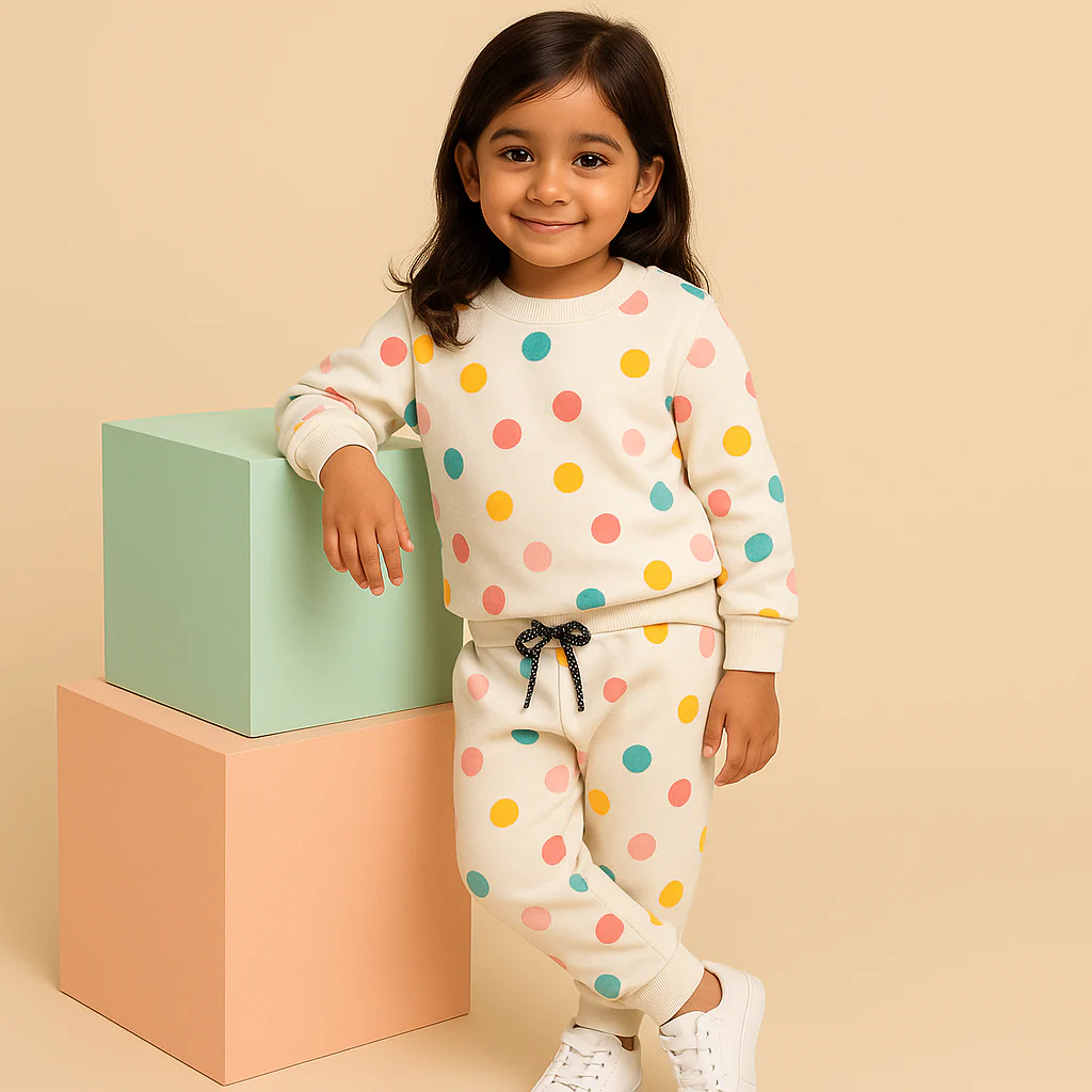 Kids Printed Fleece Tracksuit Polka Dots Off White - Mini Charm - Image 2