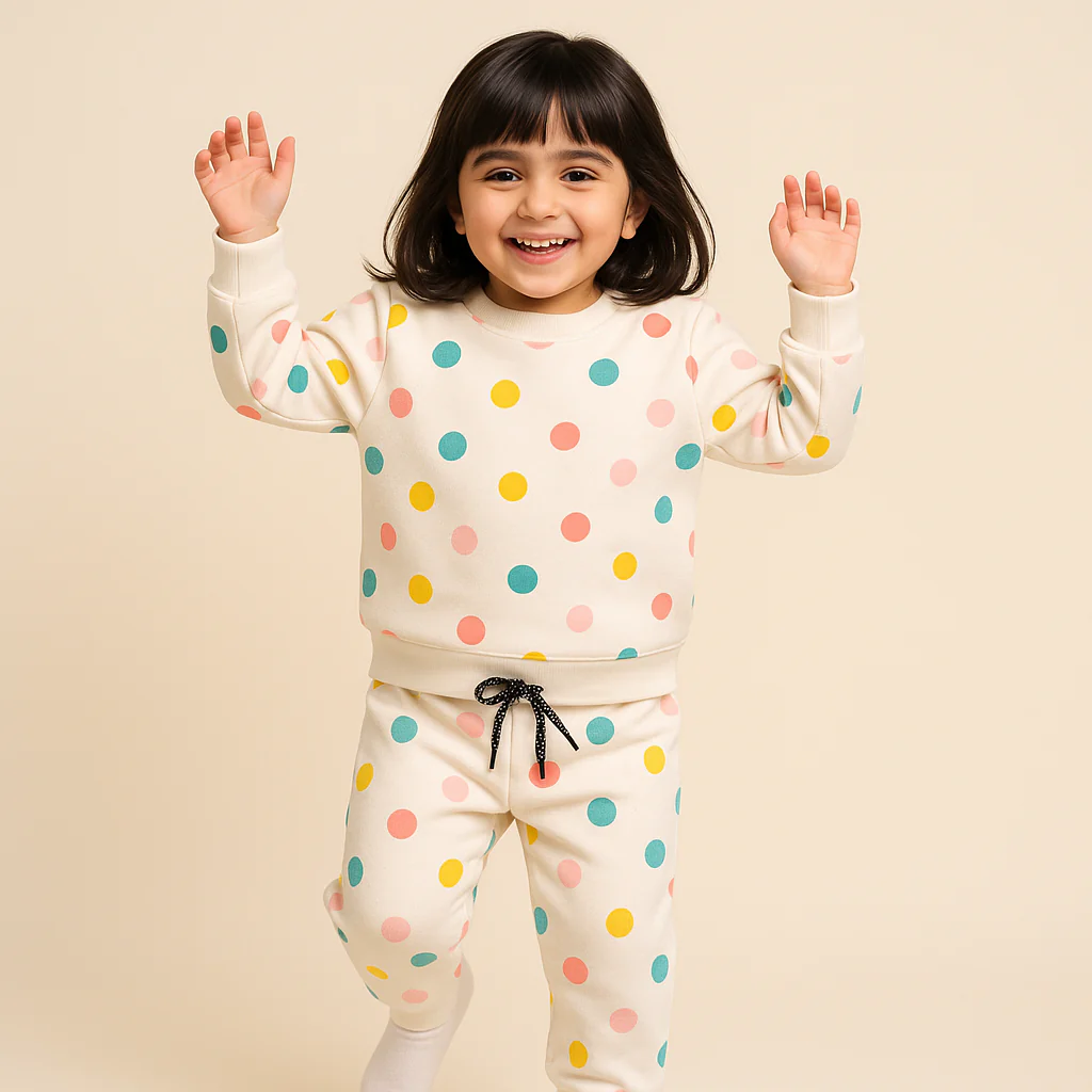Kids Printed Fleece Tracksuit Polka Dots Off White - Mini Charm - Image 3