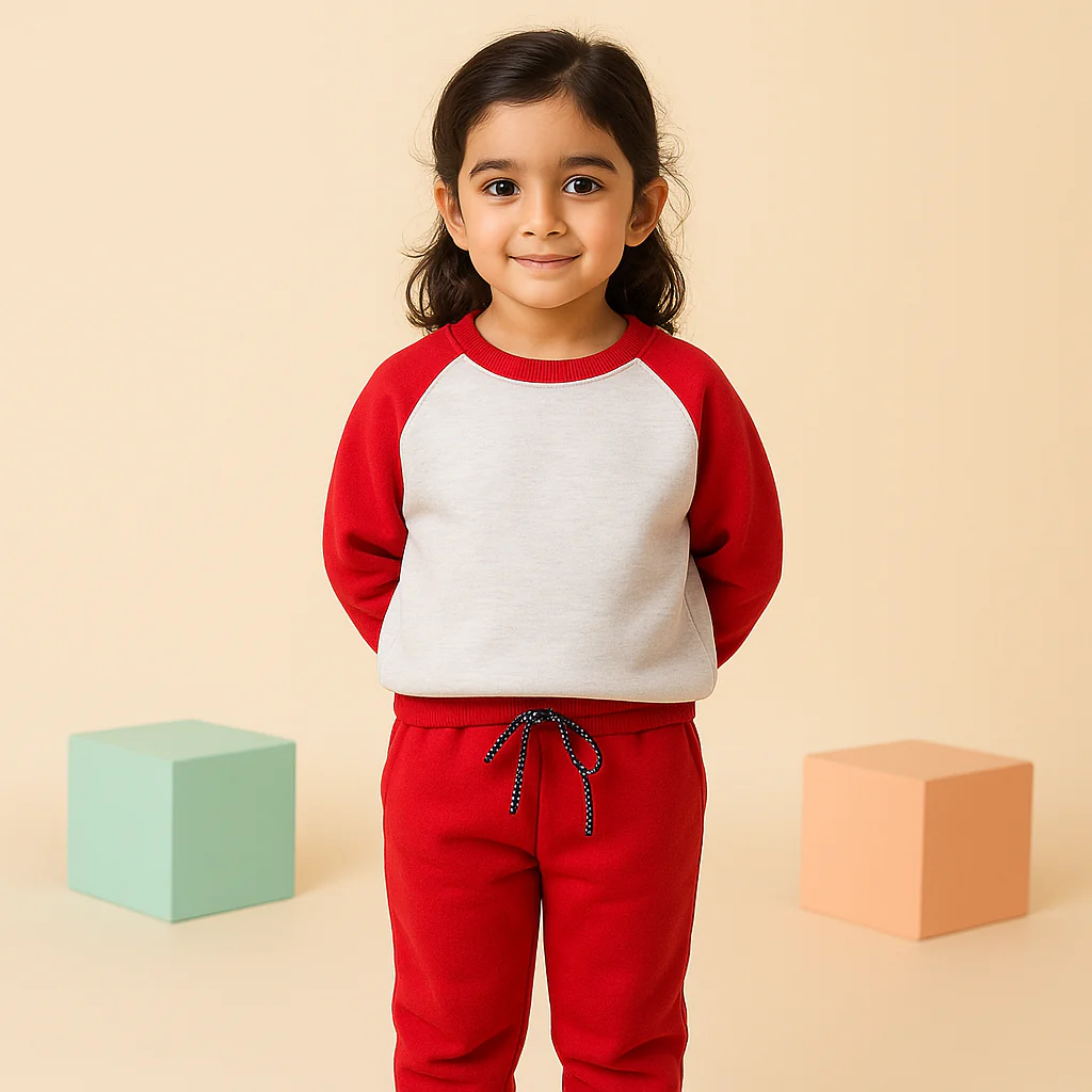 Kids Printed Fleece Tracksuit Raglan Red - Mini Charm - Image 3