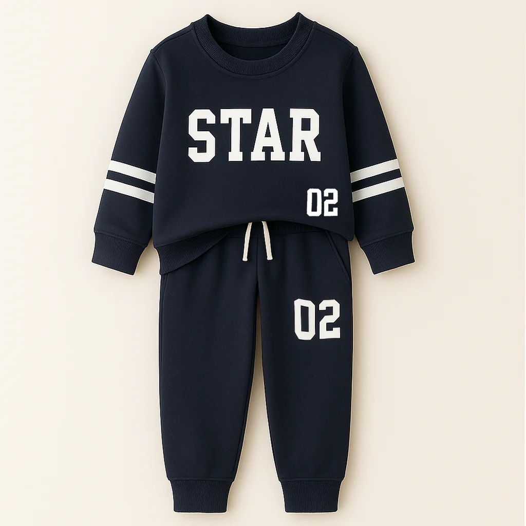 Kids Printed Fleece Tracksuit Star Navy Blue - Sunshine