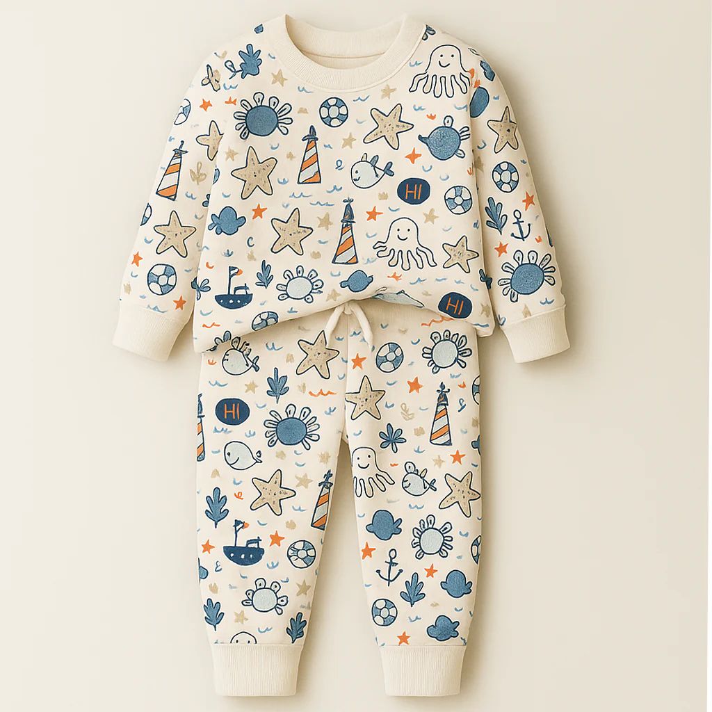 Kids Printed Fleece Tracksuit Starfish Off White - Mini Charm
