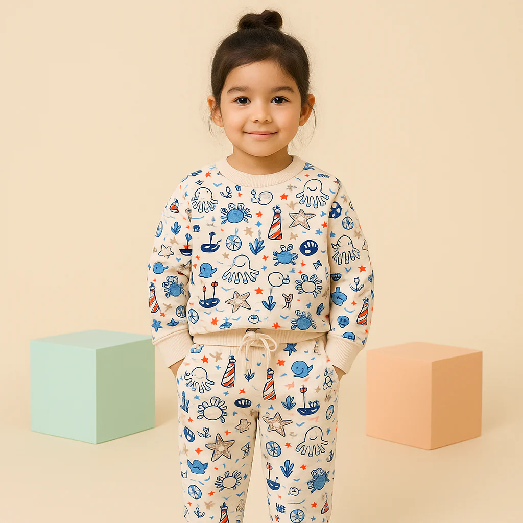 Kids Printed Fleece Tracksuit Starfish Off White - Mini Charm - Image 2