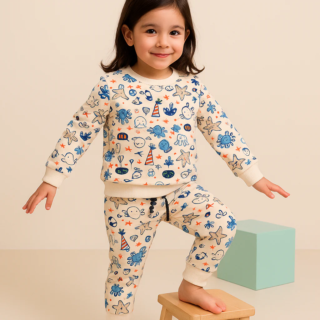 Kids Printed Fleece Tracksuit Starfish Off White - Mini Charm - Image 3