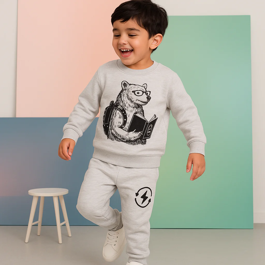 Kids Printed Fleece Tracksuit Bear Grey - Mini Charm - Image 3