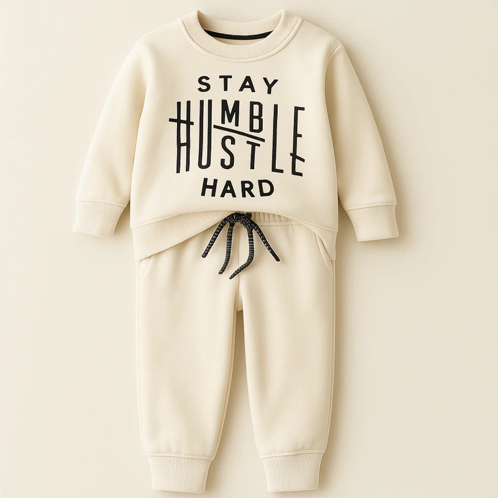 Kids Printed Fleece Tracksuit Stay Humble Off White - Sunshine
