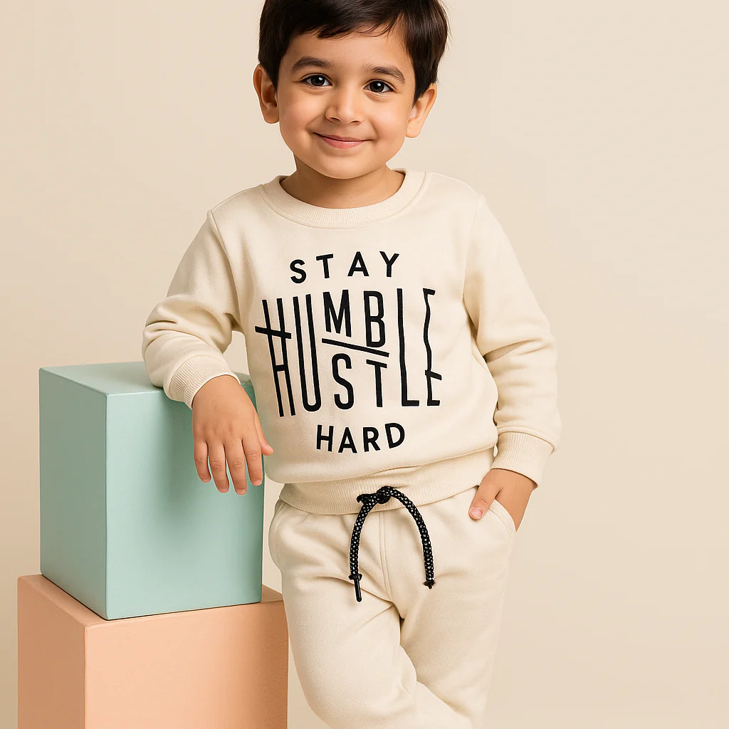 Kids Printed Fleece Tracksuit Stay Humble Off White - Sunshine - Image 2