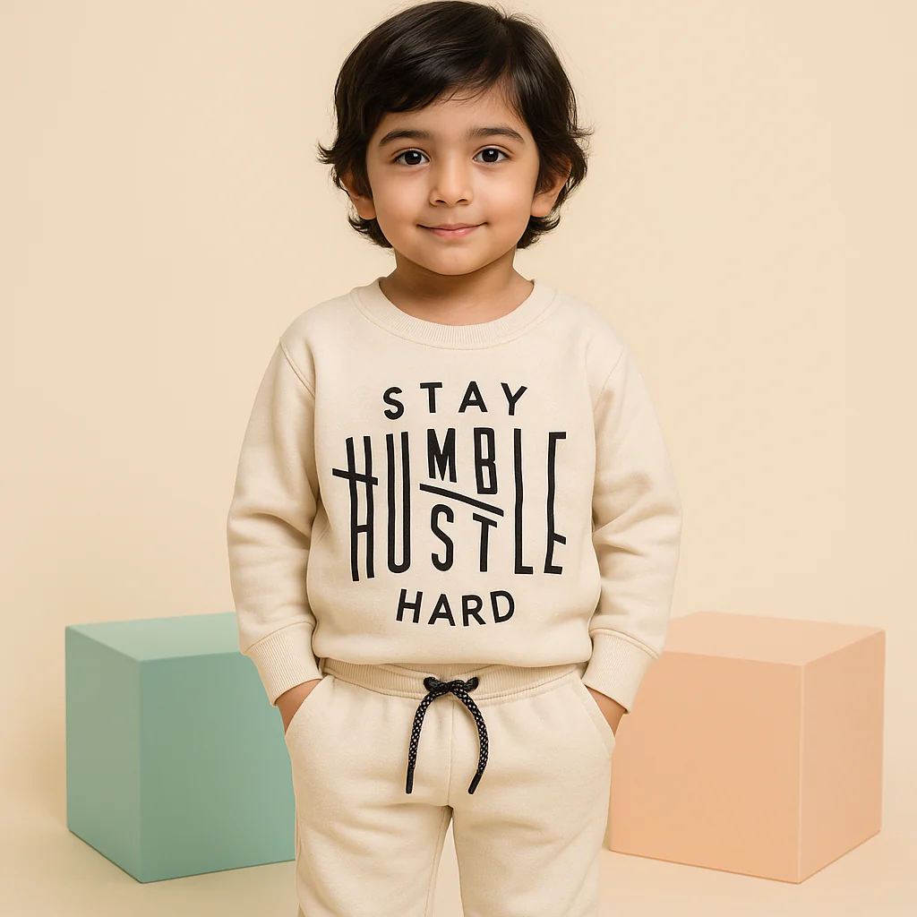 Kids Printed Fleece Tracksuit Stay Humble Off White - Sunshine - Image 3