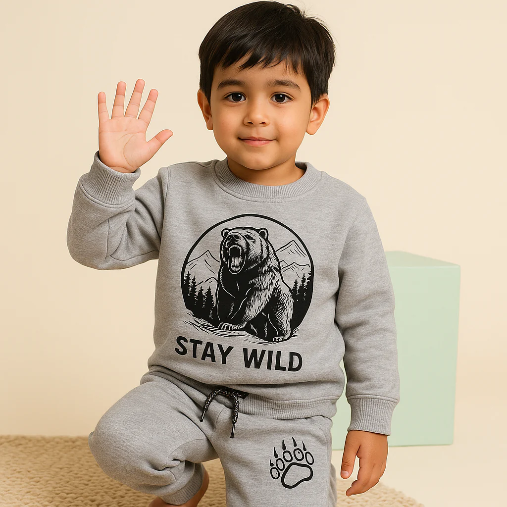 Kids Printed Fleece Tracksuit Stay Wild Grey - Mini Charm - Image 3