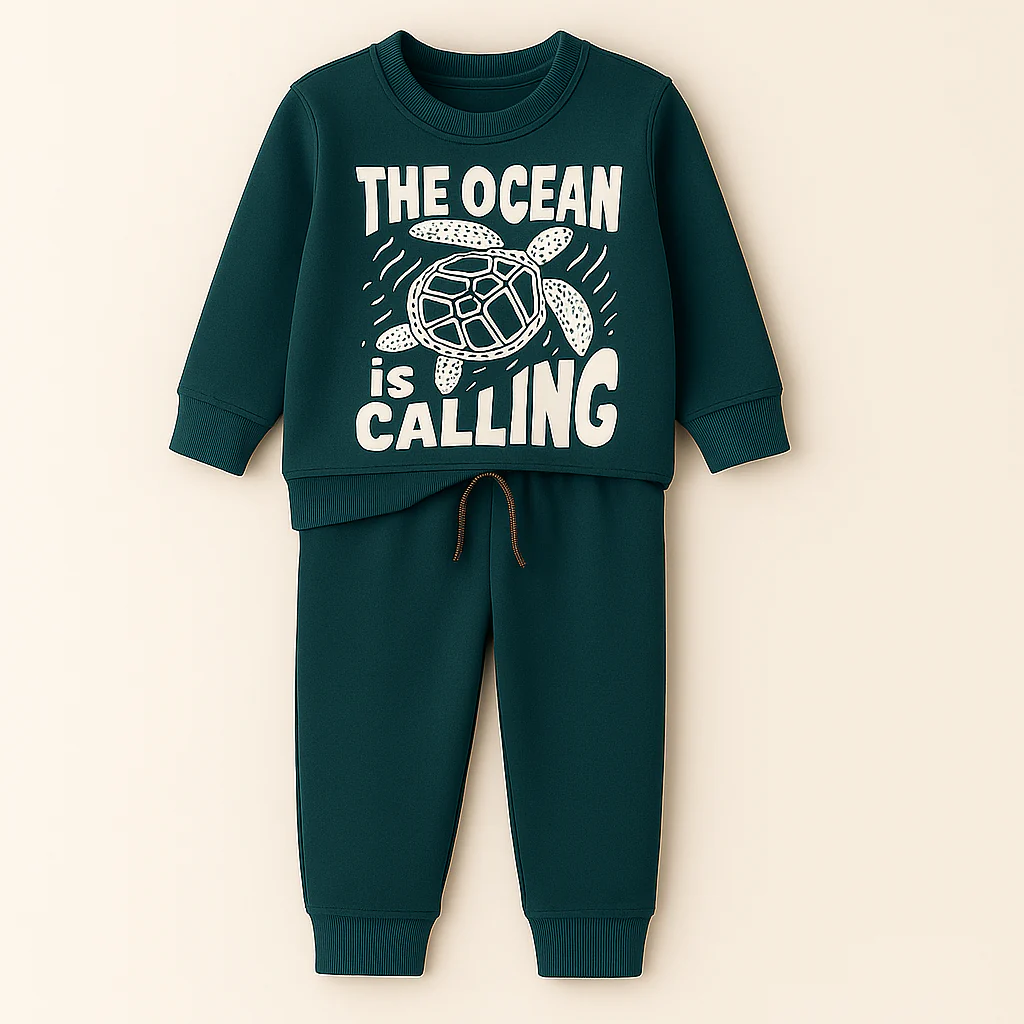 Kids Printed Fleece Tracksuit The Ocean Dark Green - Mini Charm