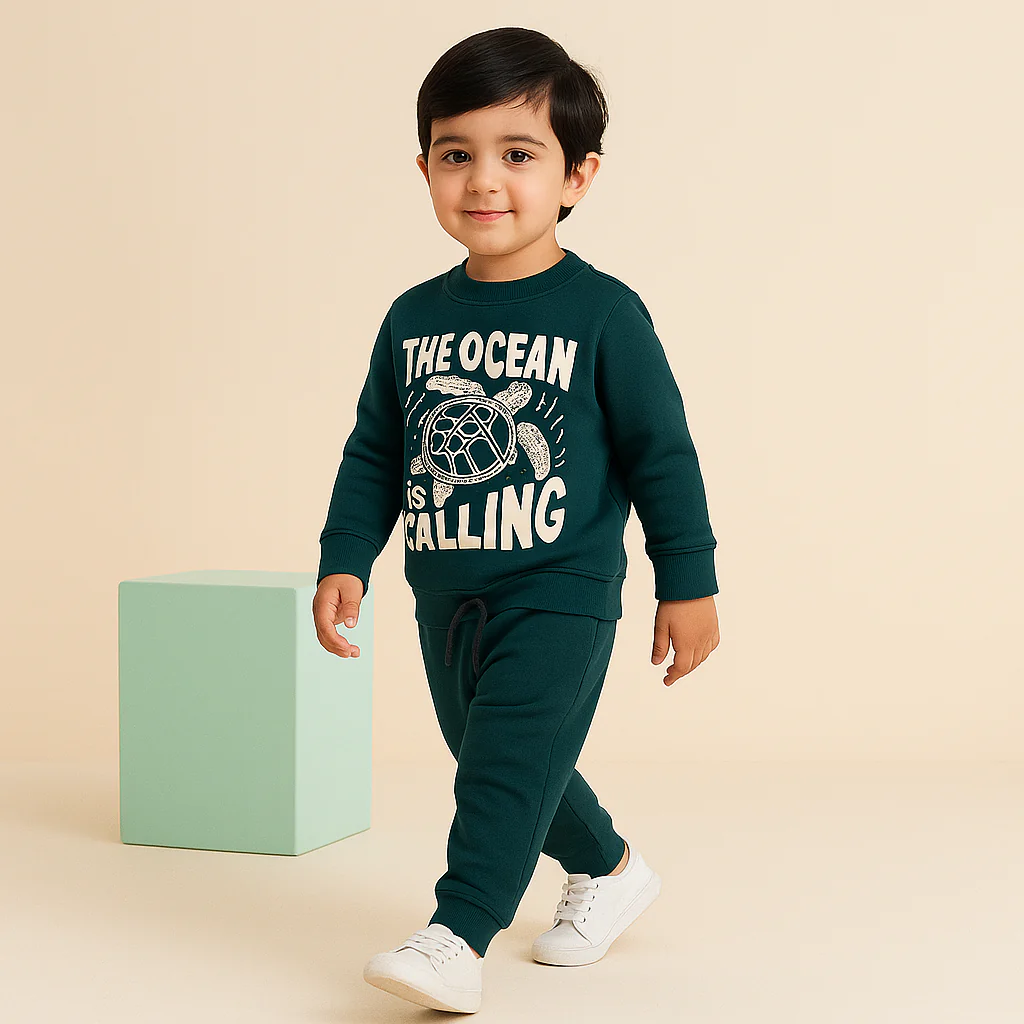 Kids Printed Fleece Tracksuit The Ocean Dark Green - Mini Charm - Image 2