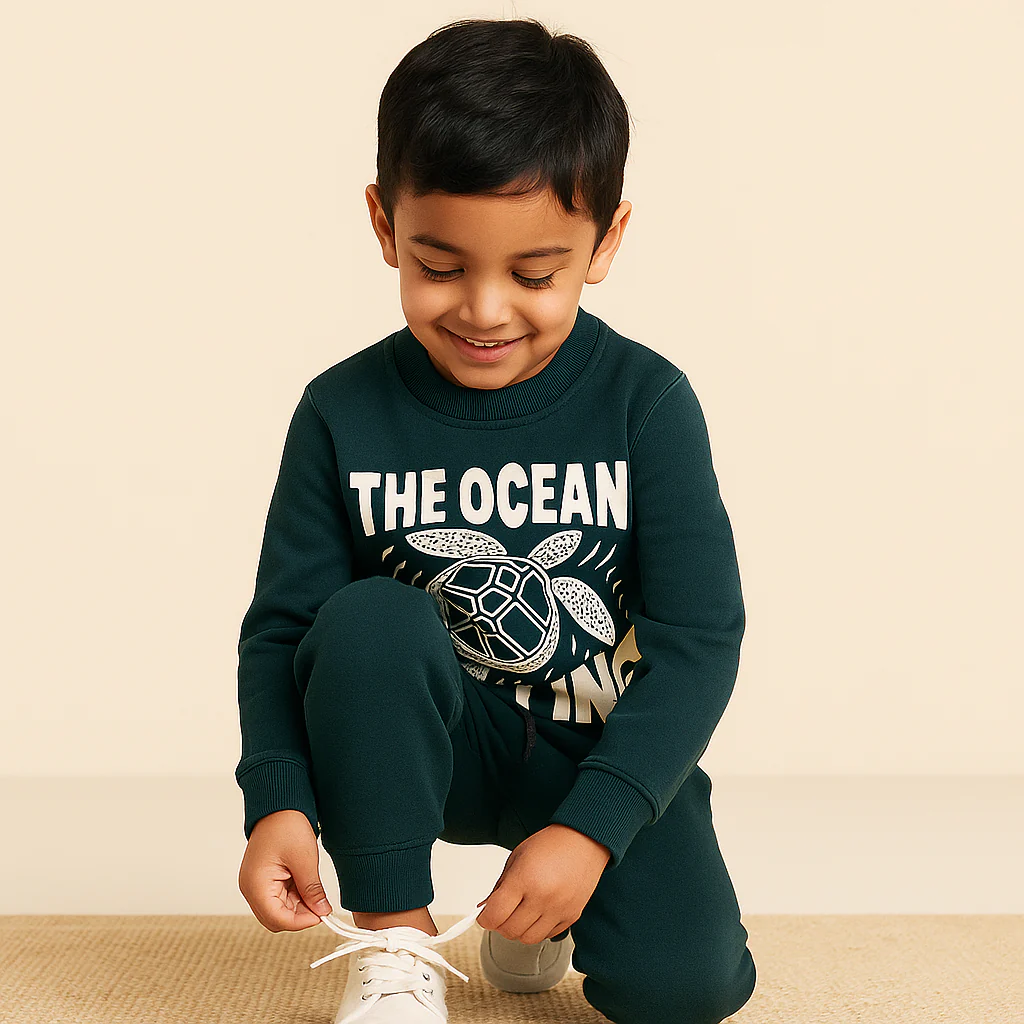 Kids Printed Fleece Tracksuit The Ocean Dark Green - Mini Charm - Image 3