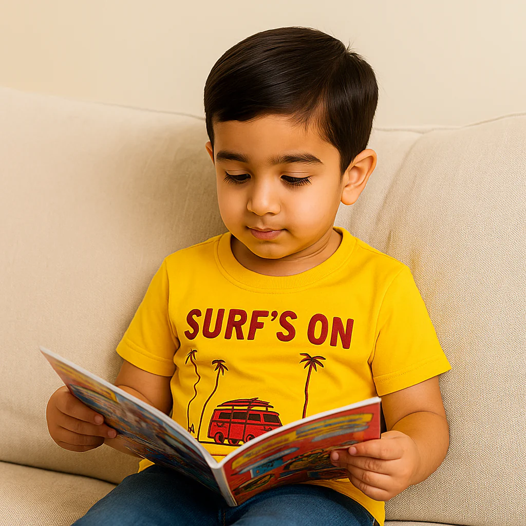 Kids Printed T-Shirt Surfs On Yellow - Mini Charm - Image 3