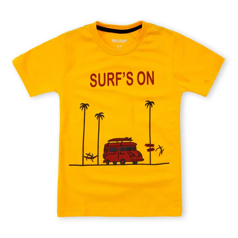 Kids Printed T-Shirt Surfs On Yellow - Mini Charm - Image 4