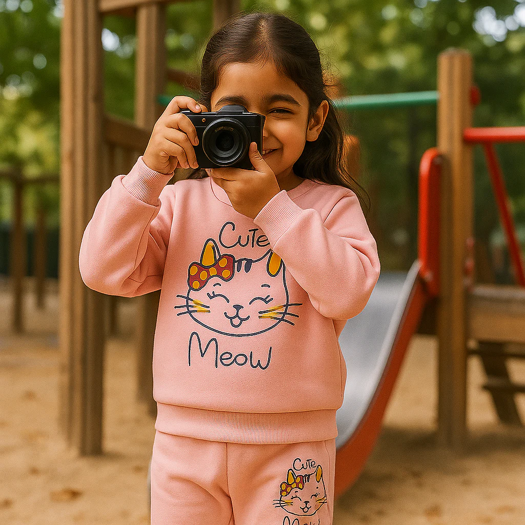 Kids Printed Tracksuit Cute Meow Baby Pink - Mini Charm - Image 3