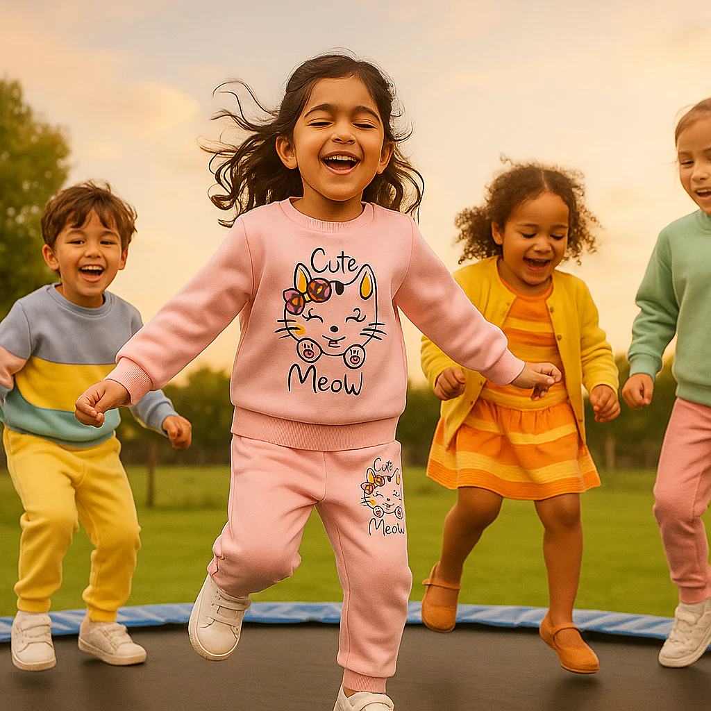 Kids Printed Tracksuit Cute Meow Baby Pink - Mini Charm - Image 4