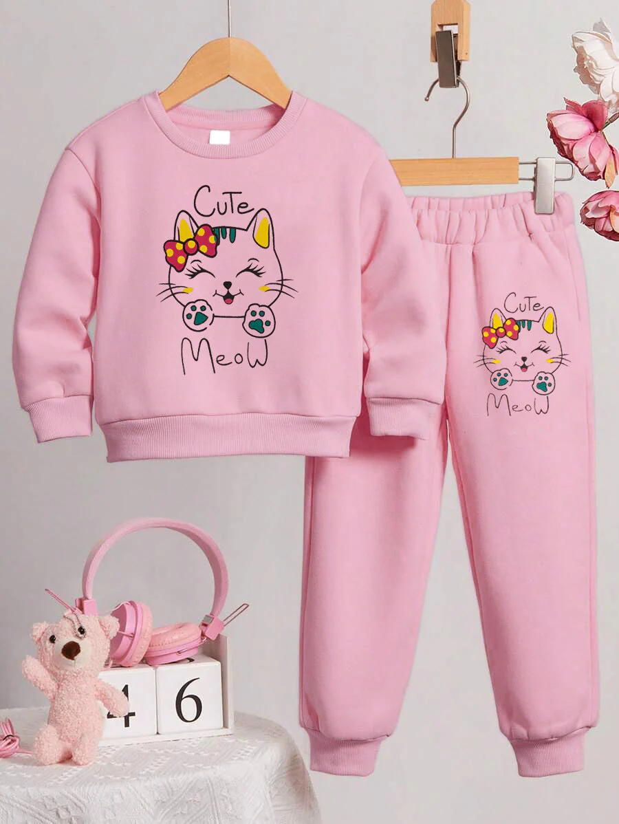 Kids Printed Tracksuit Cute Meow Baby Pink - Mini Charm - Image 5