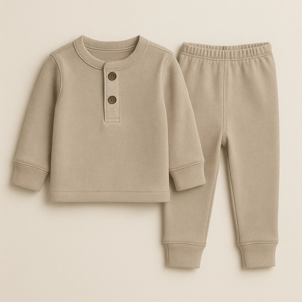 Kids Ribbed Henley Pajama Set Beige - Oolaa