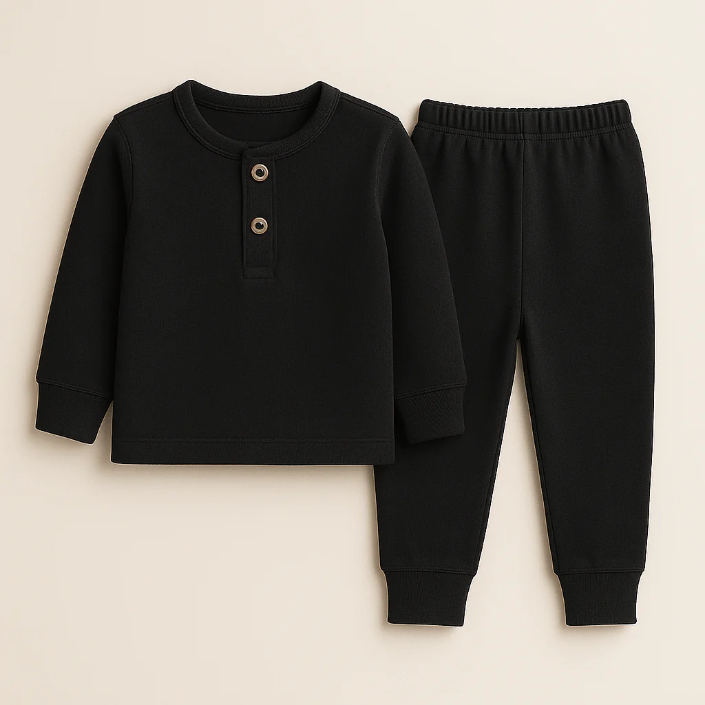 Kids Ribbed Henley Pajama Set Black - Oolaa