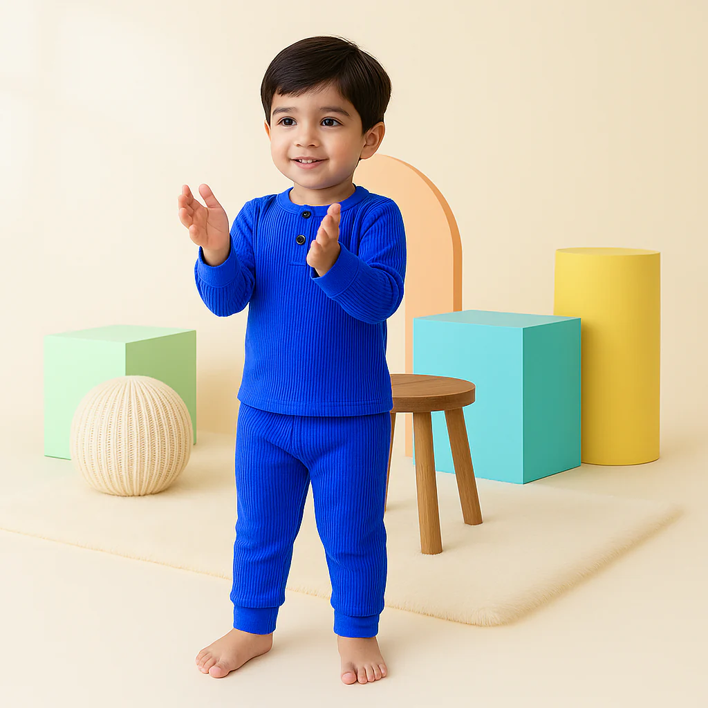Kids Ribbed Henley Pajama Set Royal Blue - Oolaa - Image 2