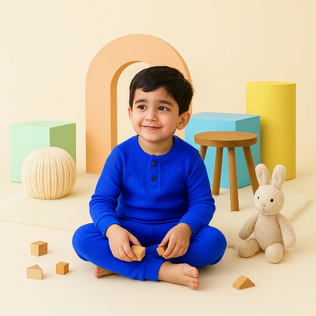 Kids Ribbed Henley Pajama Set Royal Blue - Oolaa - Image 3