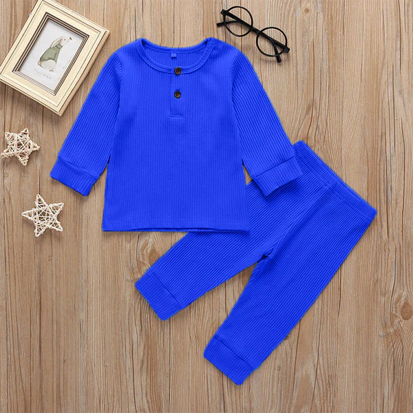 Kids Ribbed Henley Pajama Set Royal Blue - Oolaa - Image 4