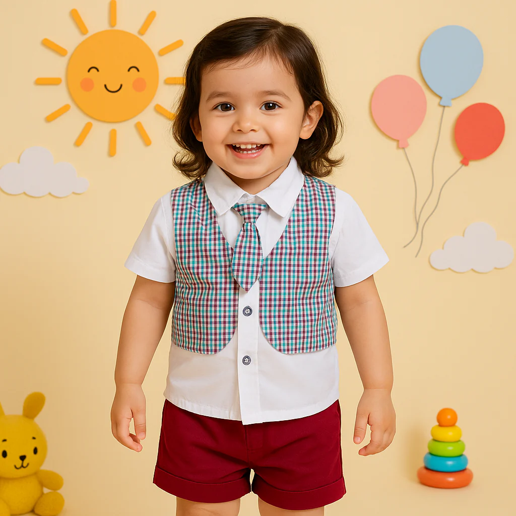 Kids Shirt & Short Set Check Maroon - Sunshine - Image 2