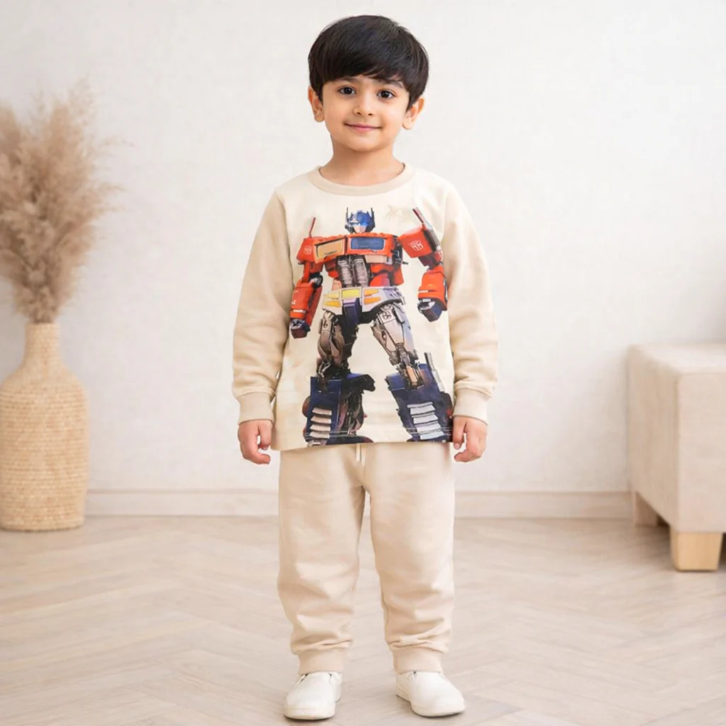Kids Soft Cotton Pajama Set Robot Beige - Sunshine - Image 2
