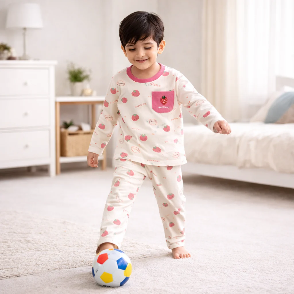 Kids Soft Cotton Printed Pajama Set Strawberry Pink - Sunshine - Image 3