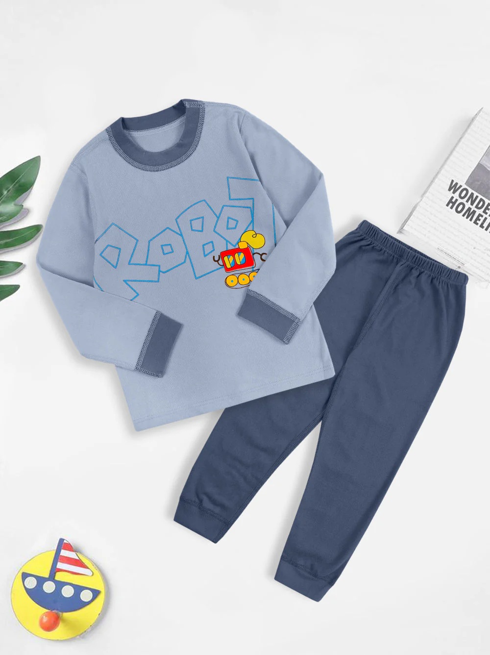 Kids Soft Full Sleeves Pajama Set Robot Blue - Sunshine