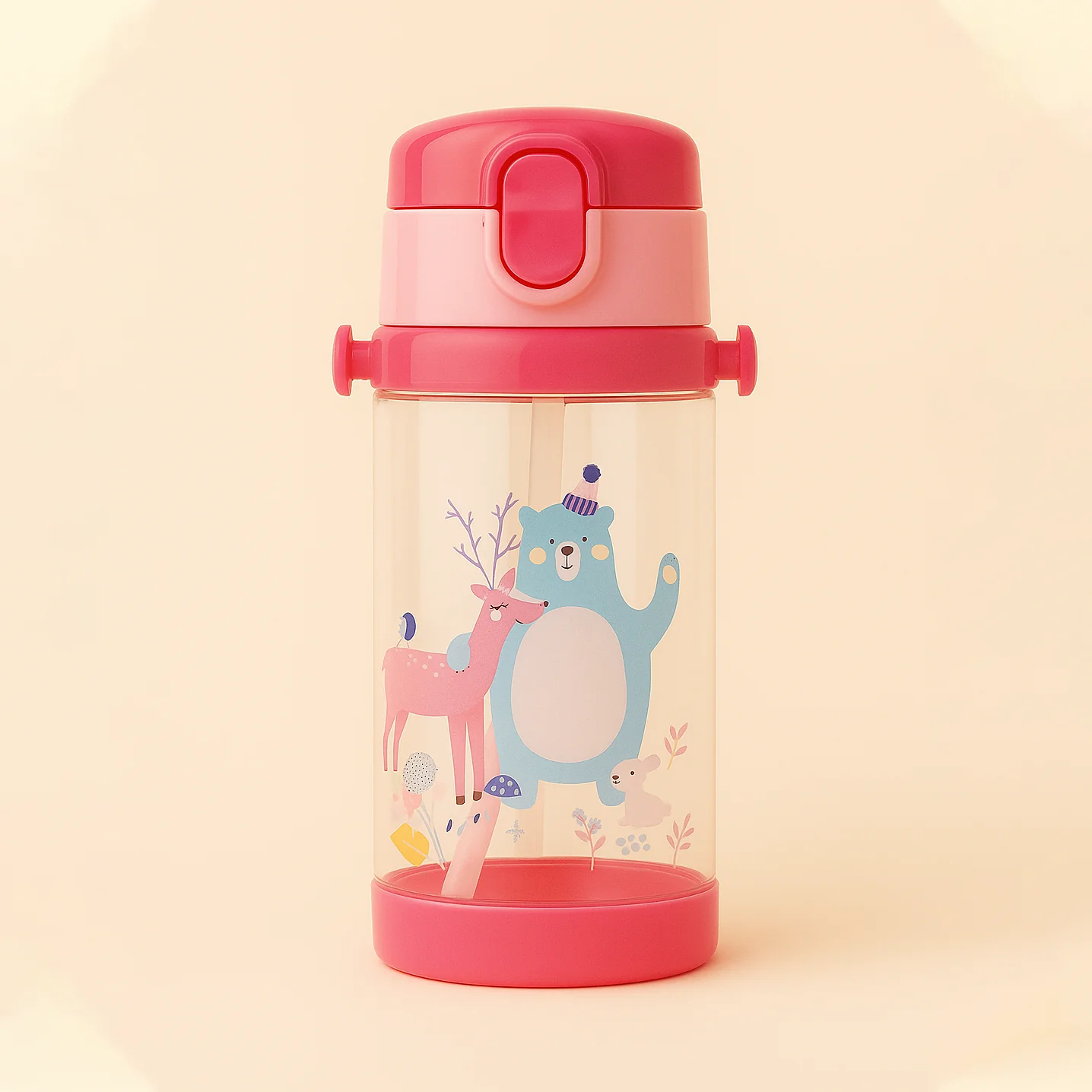 Kids Straw Water Bottle Bear Pink 600Ml - Sunshine