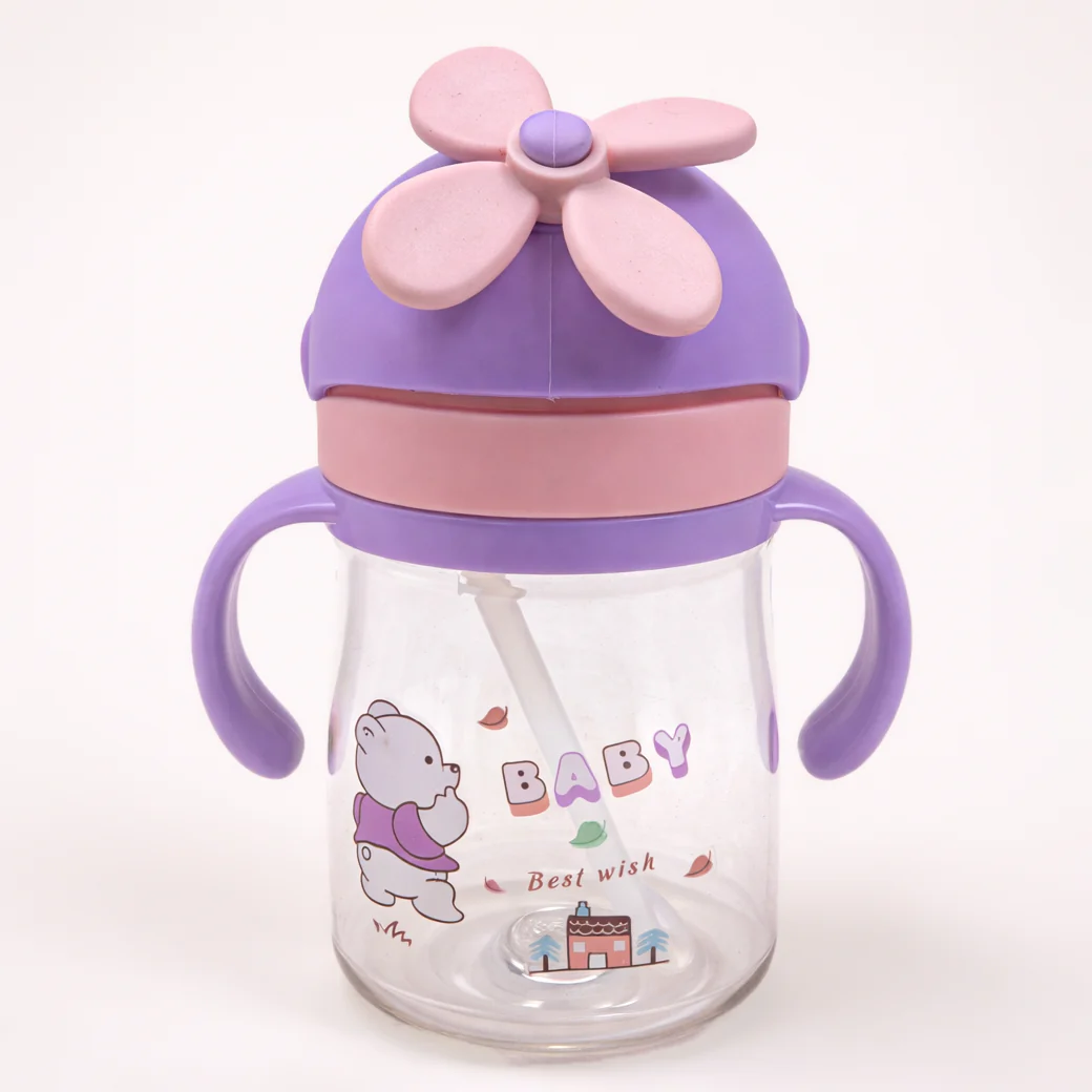 Kids Straw Water Bottle Fan Bear Pink 300Ml - Sunshine