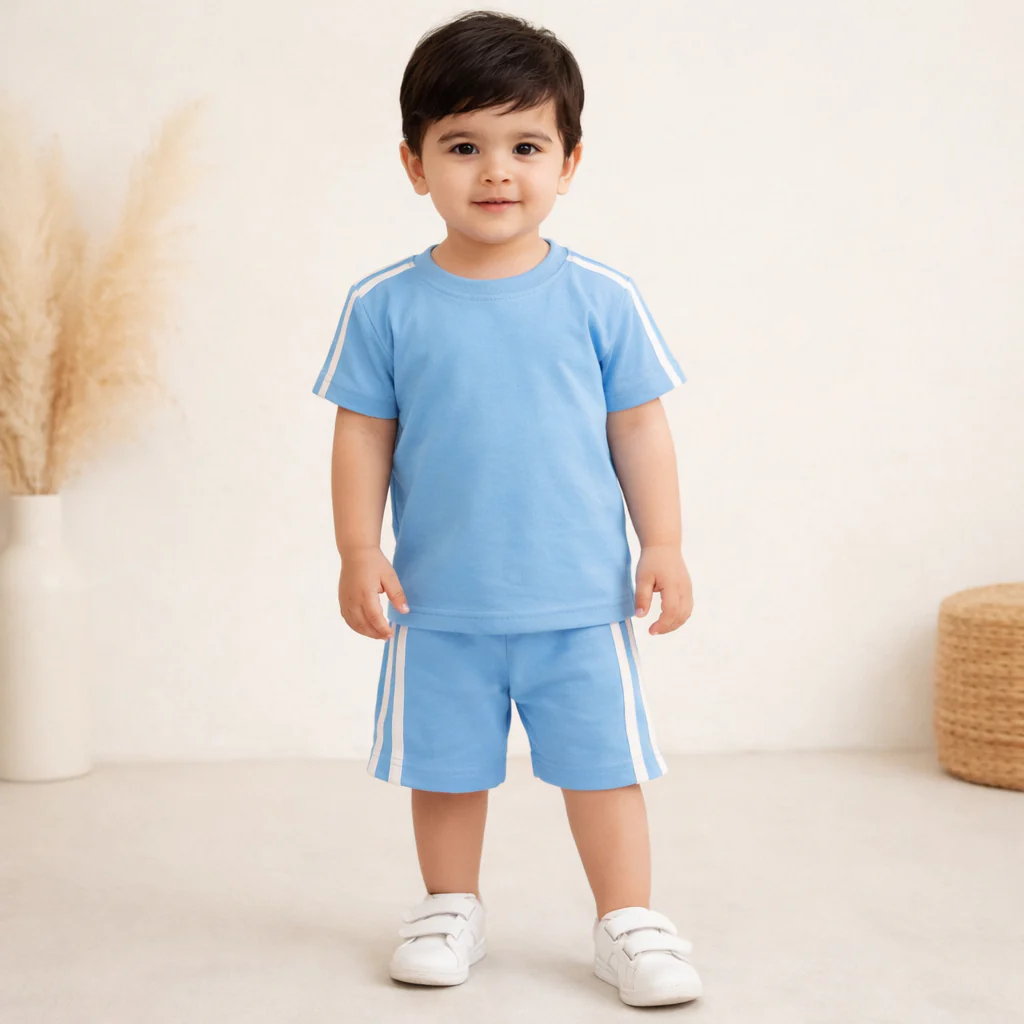 Kids Stripe T-Shirt & Short Set Blue - Mini Charm - Image 2