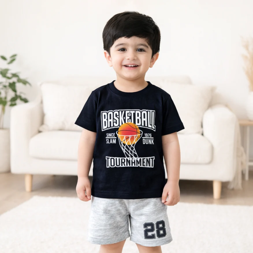 Kids T-Shirt & Short Set Basketball Navy Blue - Mini Charm - Image 2