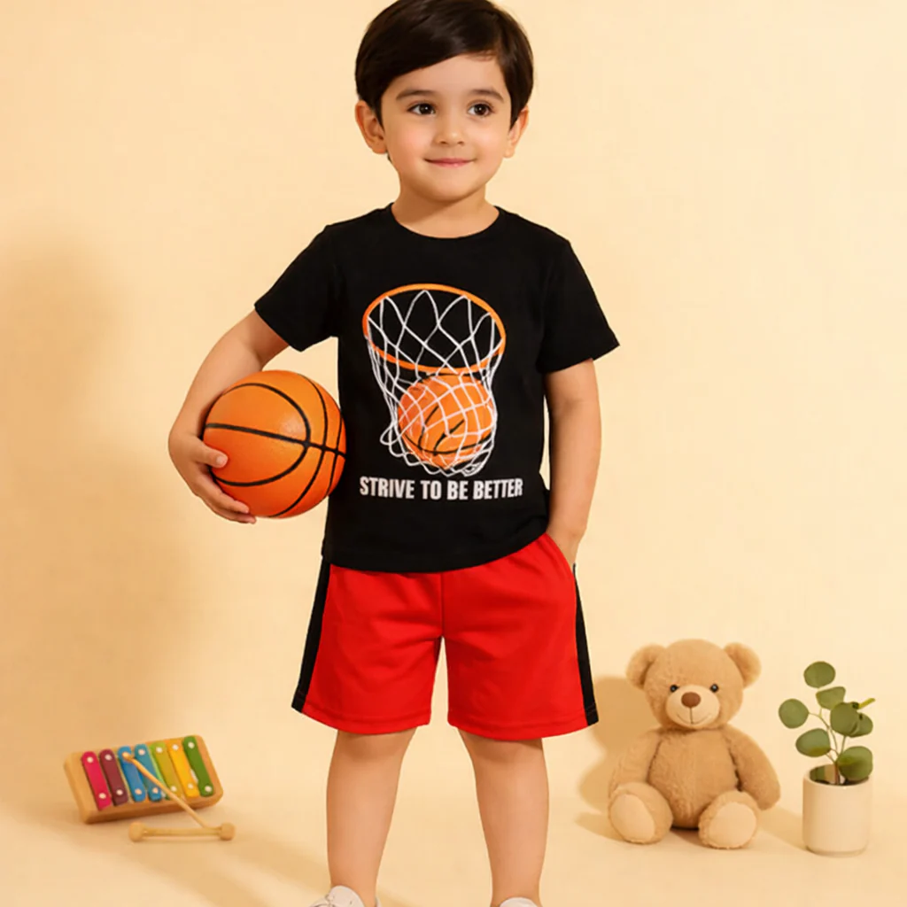 Kids T-Shirt & Short Set Basketball Orange & Black WC - Mini Charm - Image 3