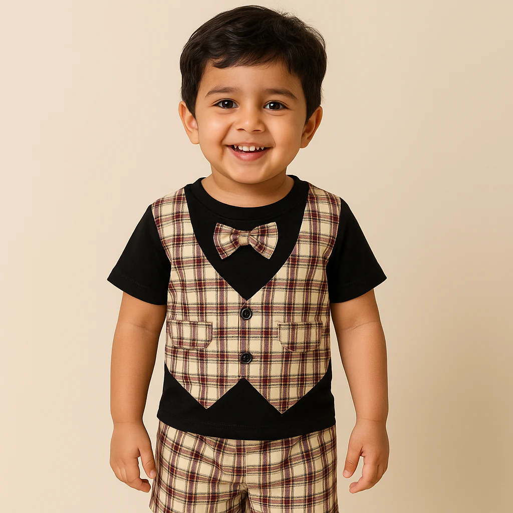 Kids T-Shirt & Short Set Check Maroon - Sunshine - Image 6