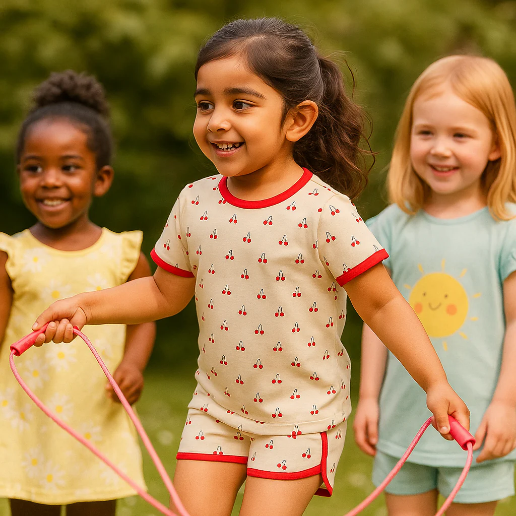 Kids T-Shirt & Short Set Cherry Beige & Red - Mini Charm - Image 3