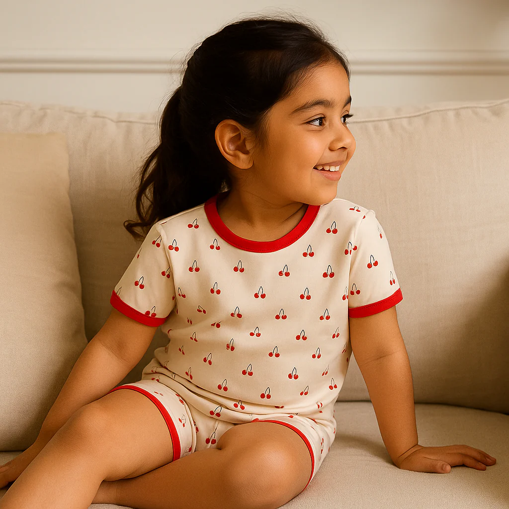 Kids T-Shirt & Short Set Cherry Beige & Red - Mini Charm - Image 4