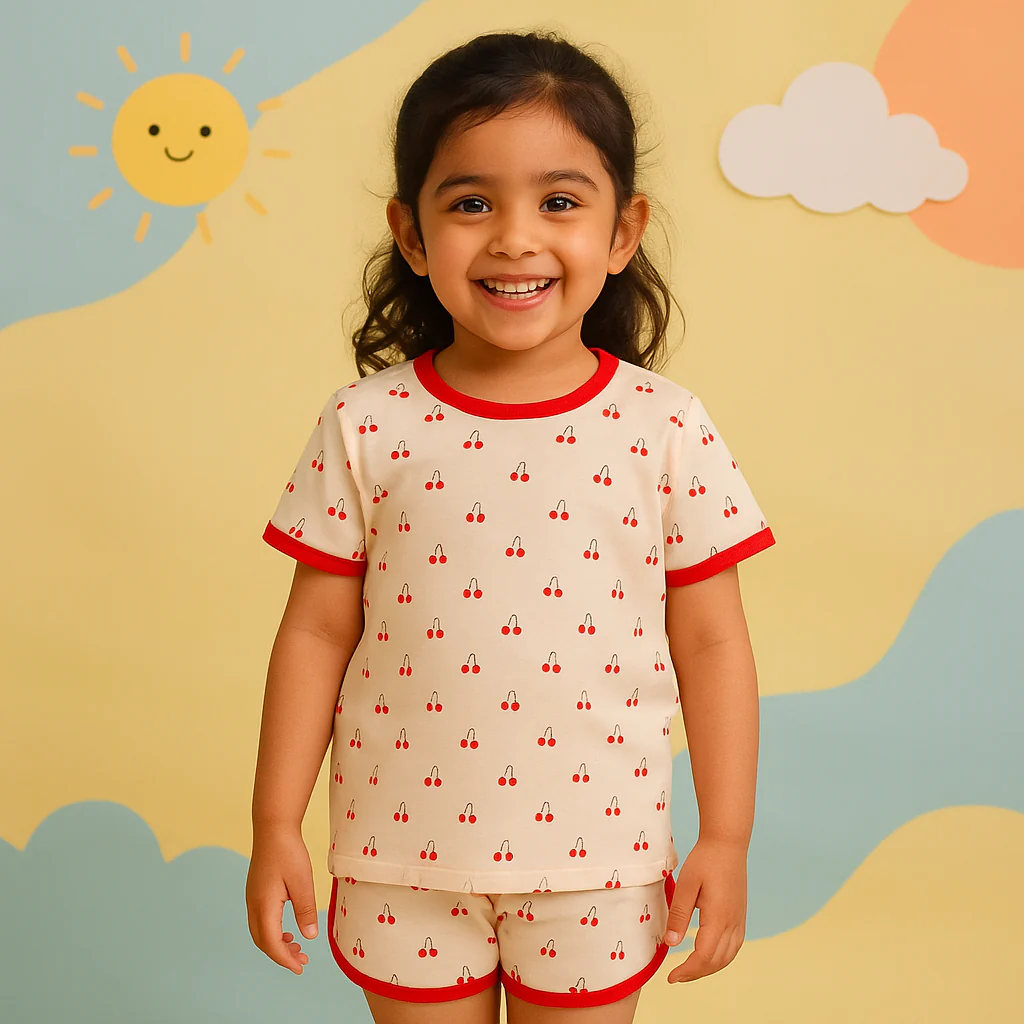 Kids T-Shirt & Short Set Cherry Beige & Red - Mini Charm - Image 9