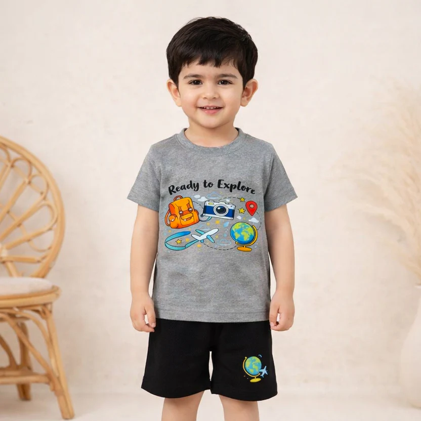 Kids T-Shirt & Short Set Explore Grey - Mini Charm - Image 2